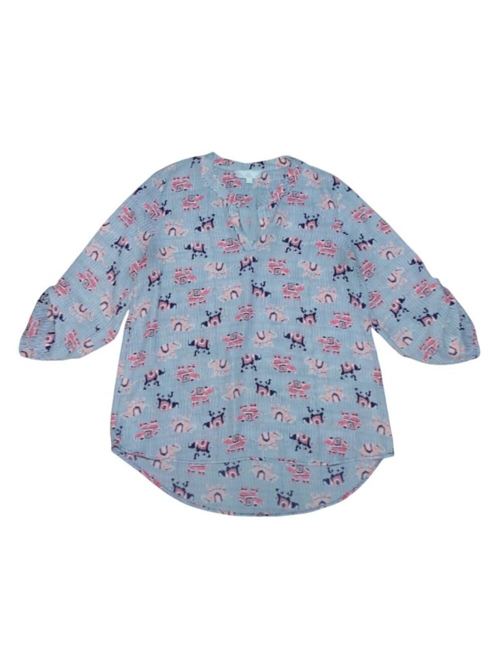 Pink Rose Womens Elephant Print Blouse L Blue Pink 3/4 Sleeve Button Back Top.